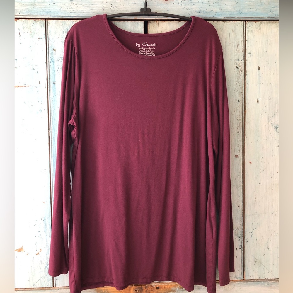 Chico’s round neck long-sleeve knit tee in eggplant, wear alone or under… - Picture 4 of 7